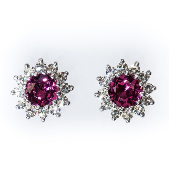 18ct White Gold Rubellite & Diamond Cluster Stud Earrings
